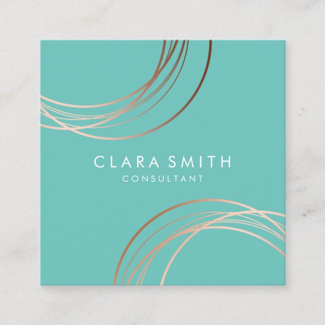 Elegant minimal faux rose gold geometric teal square business card (Front)