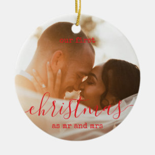 Elegant Minimal First Christmas Photo and Text Ceramic Tree Decoration