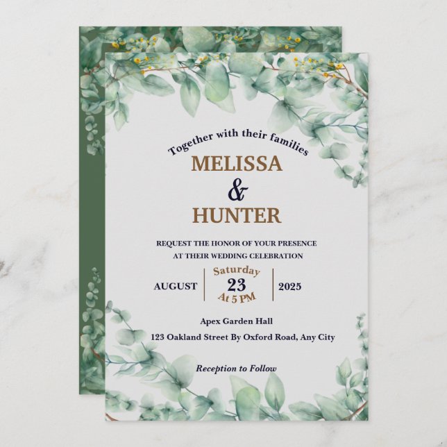 Elegant Minimal Floral Greenery Watercolor Wedding Invitation (Front/Back)