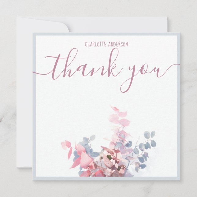 Elegant Minimal Floral Light Blue Thank You Name Card (Front)