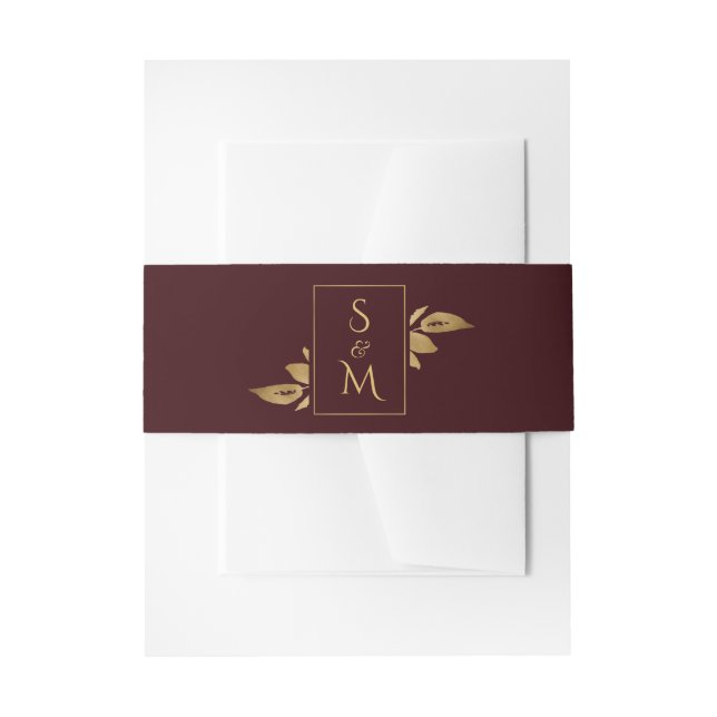 Elegant Minimal Foliage Burgundy and Gold Wedding Invitation Belly Band (Front Example)