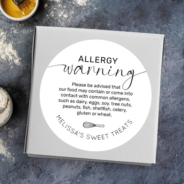 Elegant Minimal Food Safety Allergy Warning Bakery Classic Round Sticker (Minimalist allergy alert bakery stickers with space for your business name)