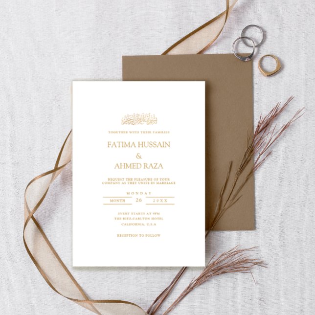 Elegant Minimal Formal Gold Script Muslim Wedding Invitation (Creator Uploaded)