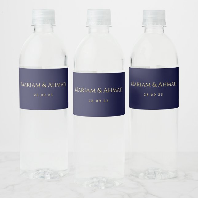 Elegant Minimal Gold and Navy Names Date Wedding Water Bottle Label (Bottles)