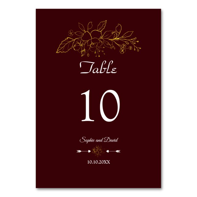 Elegant Minimal Gold Floral Deep Burgundy Wedding Table Number (Front)