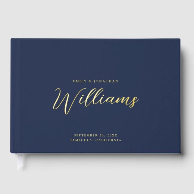 Elegant Minimal Gold Foil Navy Blue Wedding  Guest Book (Front)
