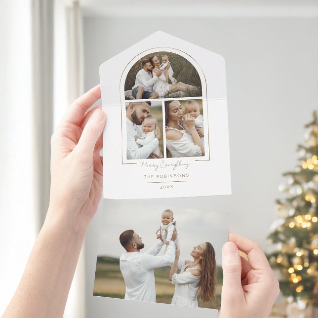 Elegant Minimal Gold Line Arch 3-Photo All In One Invitation (Creator Uploaded)