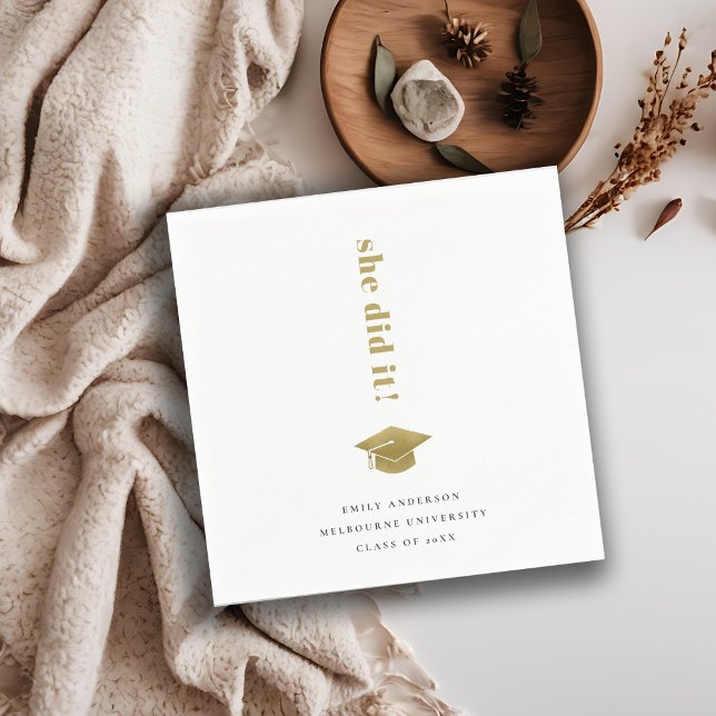 Elegant Minimal Gold Typography Graduation Cap Napkin (Creator Uploaded)