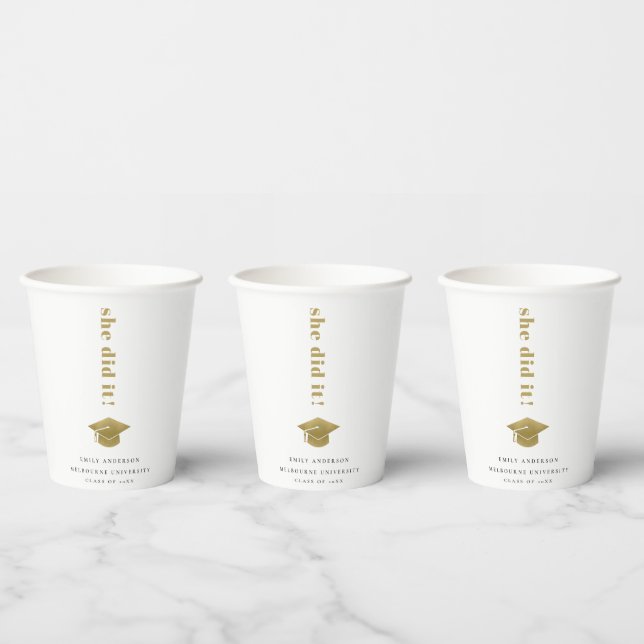 Elegant Minimal Gold Typography Graduation Cap Paper Cups (Multi)