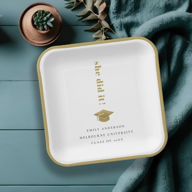 Elegant Minimal Gold Typography Graduation Cap Paper Plate (Creator Uploaded)
