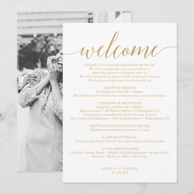 Elegant Minimal Gold Wedding Welcome Itinerary Invitation (Front/Back)