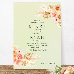 Elegant, Minimal Green, Peach, Blush Cream Wedding Invitation