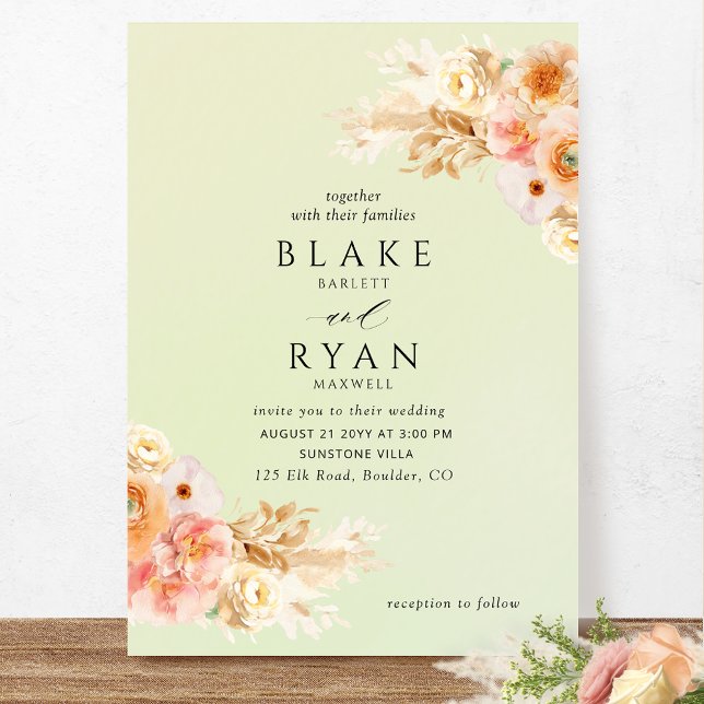 Elegant, Minimal Green, Peach, Blush Cream Wedding Invitation (Creator Uploaded)