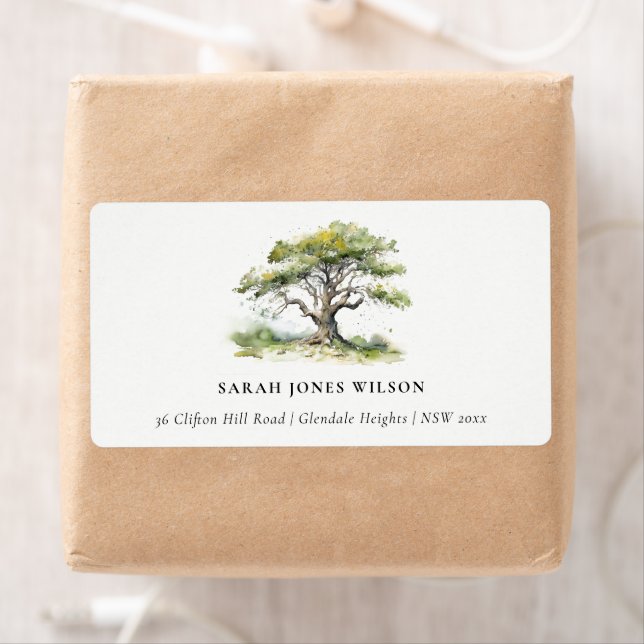 Elegant Minimal Green Watercolor Oak Tree Address (Insitu)