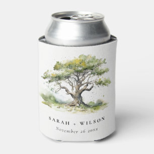 Elegant Minimal Green Watercolor Oak Tree Wedding Can Cooler