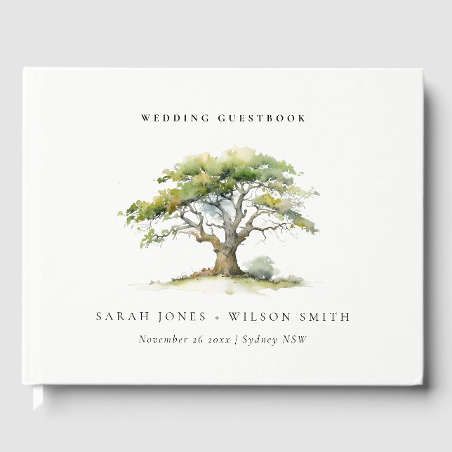 Elegant Minimal Green Watercolor Oak Tree Wedding Guest Book (Front)