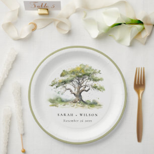 Elegant Minimal Green Watercolor Oak Tree Wedding Paper Plate