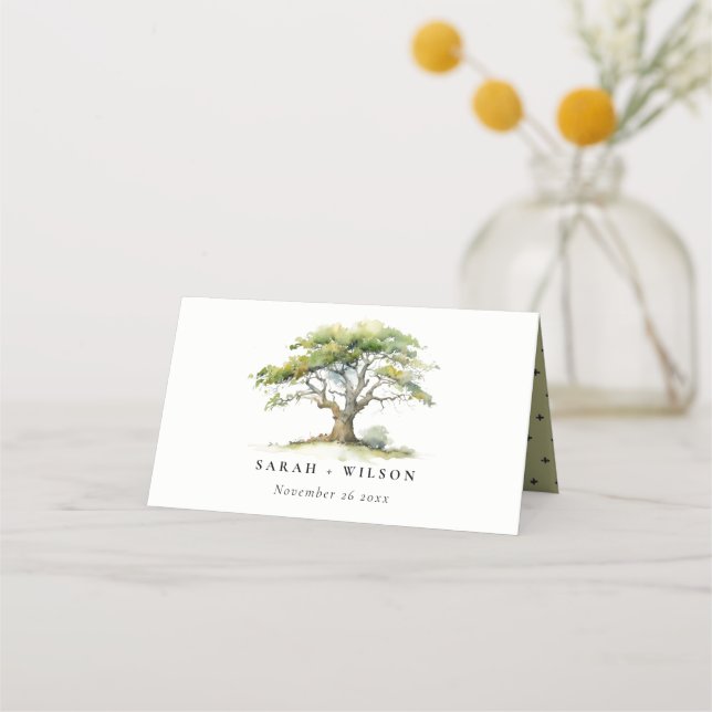 Elegant Minimal Green Watercolor Oak Tree Wedding Place Card (Front)