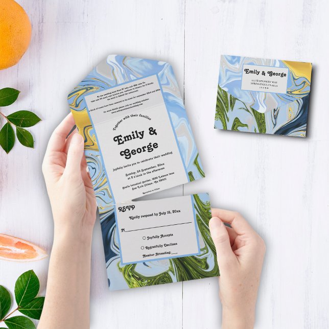 Elegant Minimal Green Yellow Blue Abstract Wedding All In One Invitation (Creator Uploaded)