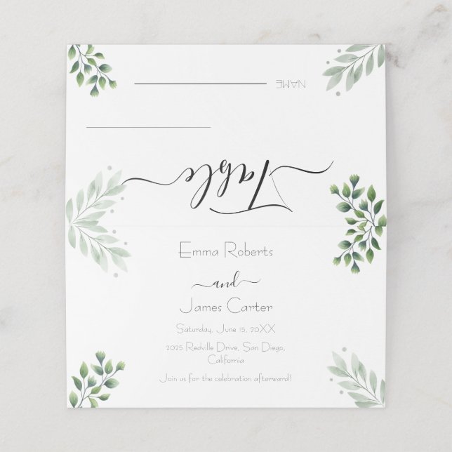 Elegant Minimal Greenery Wedding Place Cards (Outside Unfolded)