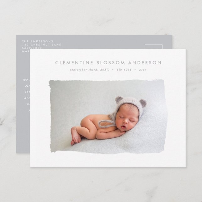 Elegant minimal grey birth announcement photo (Front/Back)