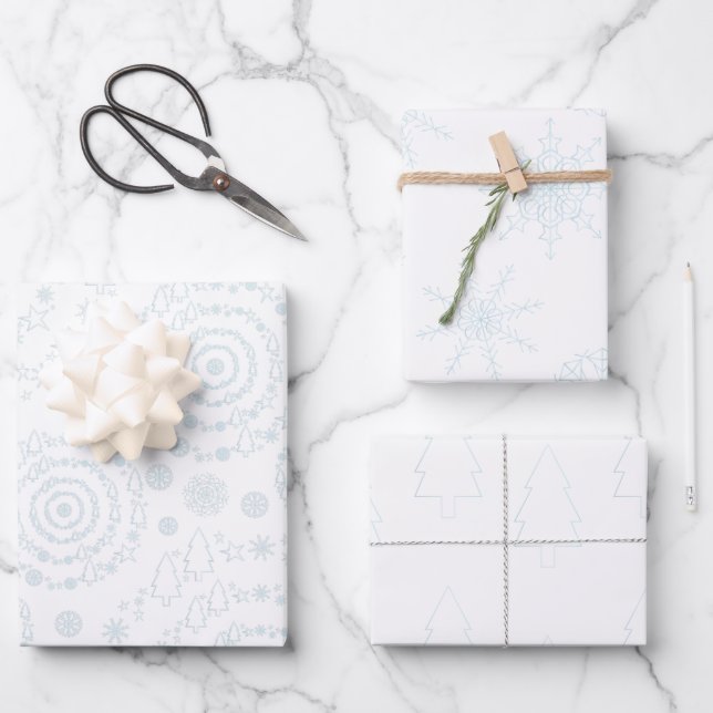 Elegant Minimal Handrawn Patterns Blue White Wrapping Paper Sheet (Front)
