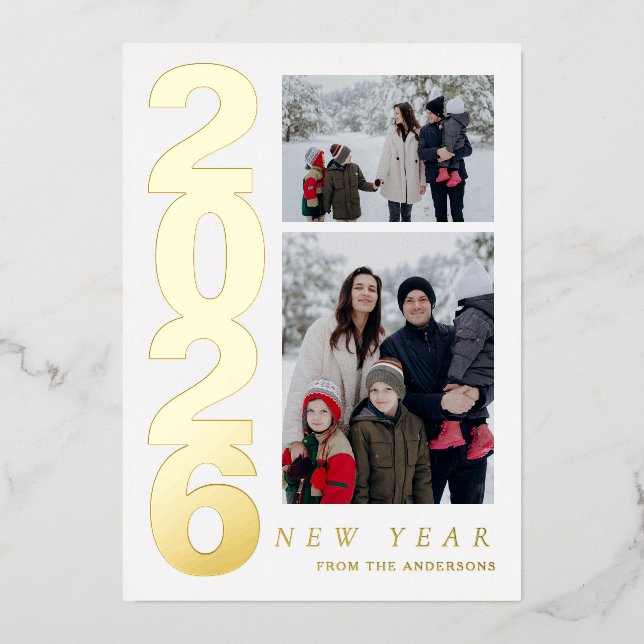 Elegant Minimal Happy New Year Family 2 Photo Foil Holiday Card (Front)