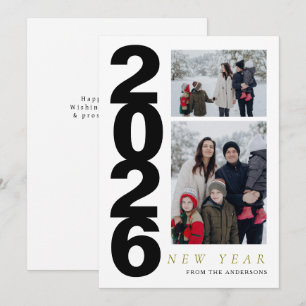 Elegant Minimal Happy New Year Family 2 Photo Holiday Card