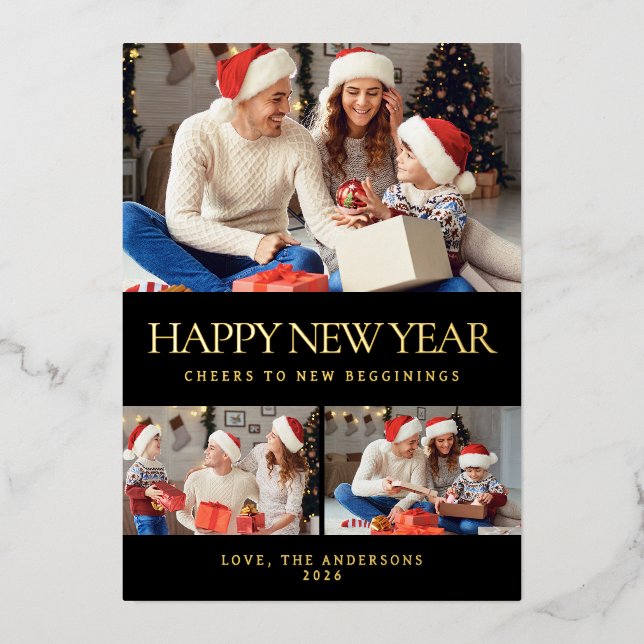 Elegant Minimal Happy New Year Family Photo Foil Holiday Card (Front)
