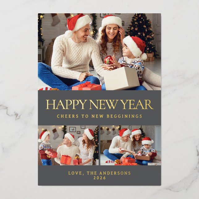 Elegant Minimal Happy New Year Family Photo Foil Holiday Card (Front)