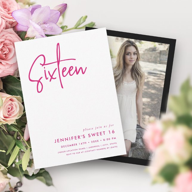 Elegant Minimal Hot Pink White Photo Sweet 16  Invitation (Elegant Minimal Hot Pink White Photo Sweet 16 Invitation)