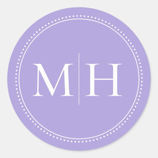 Elegant Minimal Lavender Monogram Dotted Border Classic Round Sticker (Front)