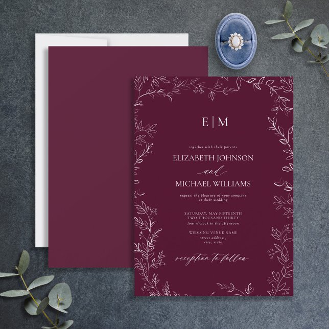Elegant Minimal Leaf Burgundy Monogram Wedding Invitation (Creator Uploaded)