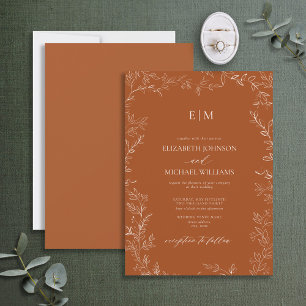 Elegant Minimal Leaf Burnt Orange Monogram Wedding Invitation