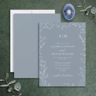 Elegant Minimal Leaf Dusty Blue Monogram Wedding Invitation