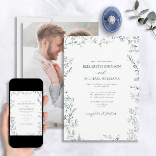 Elegant Minimal Leaf Emerald Green Photo Wedding Invitation
