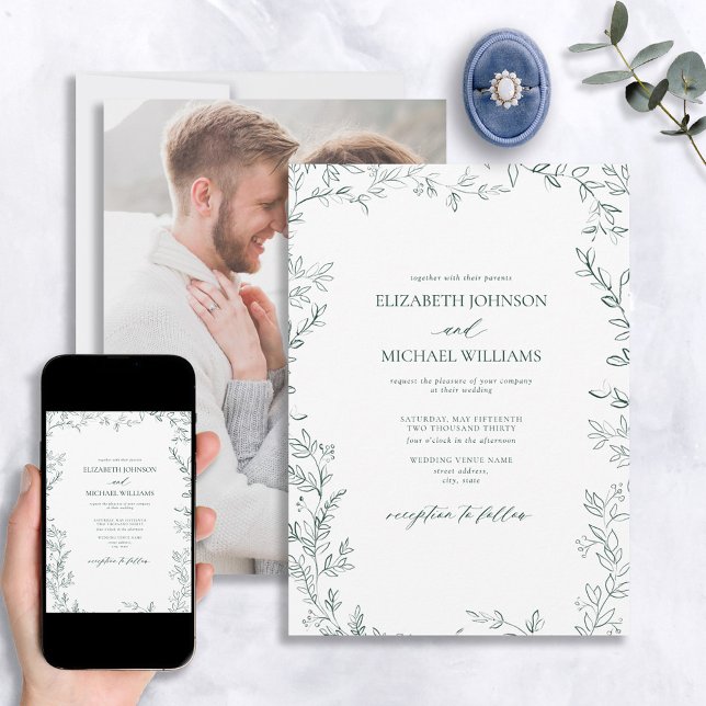 Elegant Minimal Leaf Emerald Green Photo Wedding Invitation (Creator Uploaded)