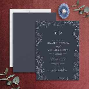 Elegant Minimal Leaf Navy Blue Monogram Wedding Invitation