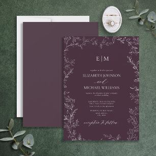 Elegant Minimal Leaf Plum Purple Monogram Wedding Invitation