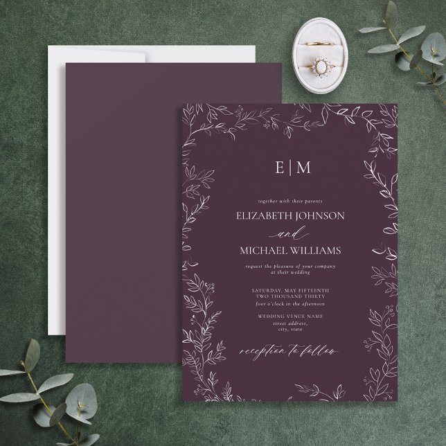 Elegant Minimal Leaf Plum Purple Monogram Wedding Invitation (Creator Uploaded)