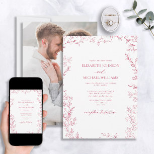 Elegant Minimal Leaf Vivid Magenta Photo Wedding Invitation