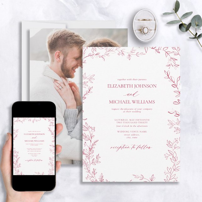 Elegant Minimal Leaf Vivid Magenta Photo Wedding Invitation (Creator Uploaded)