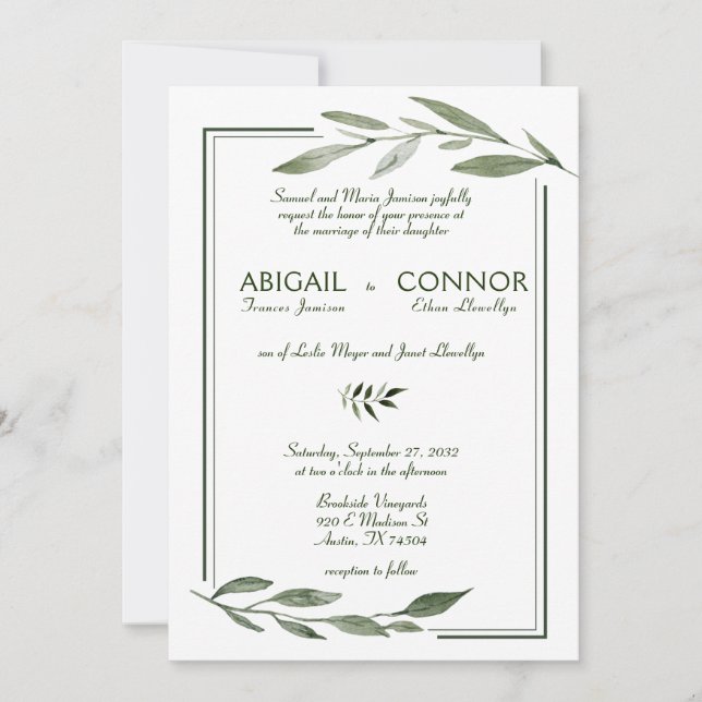 Elegant Minimal Leaves Frame Green Wedding Invitation (Front)