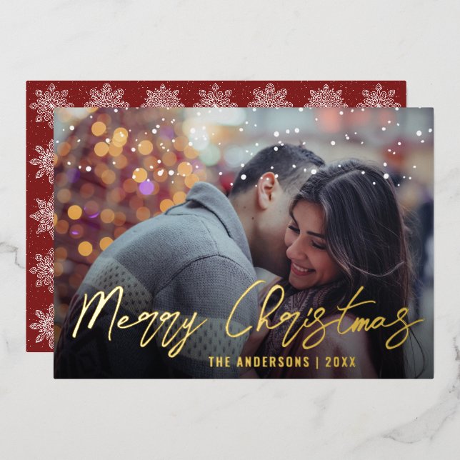 Elegant Minimal Merry Christmas Custom Photo  Foil Holiday Card (Front/Back)