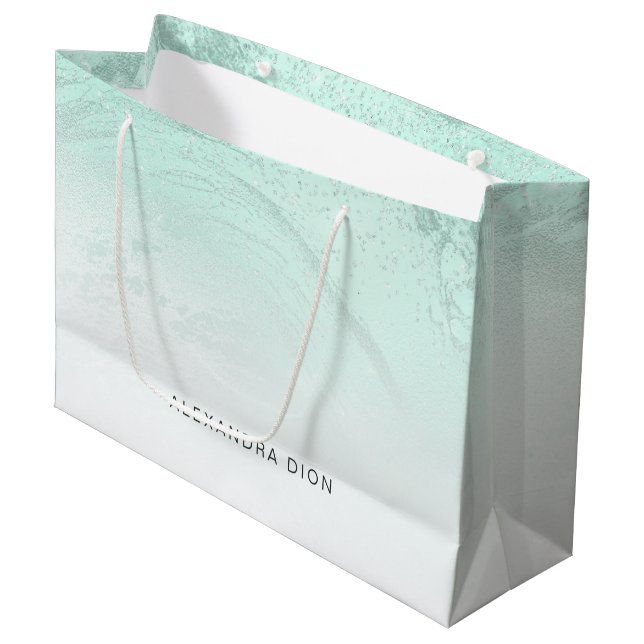 Elegant minimal mint green glitter marble large gift bag (Front Angled)