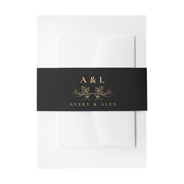 Elegant Minimal Monogram Black Gold Wedding Crest Invitation Belly Band (Front Example)