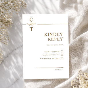 Elegant, Minimal Monogram White and Gold Wedding RSVP Card