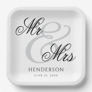 Elegant Minimal Mr and Mrs. Wedding Paper Plate