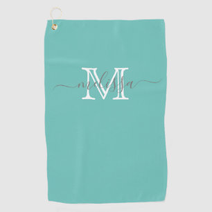 Elegant Minimal Name and Monogram Teal Golf Towel