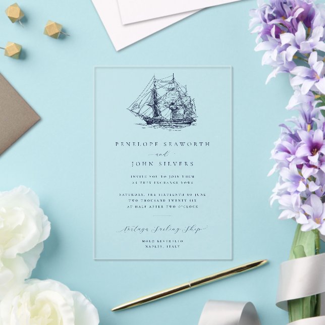 Elegant Minimal Nautical Ship Illustration Wedding Acrylic Invitations (Insitu (Wedding))